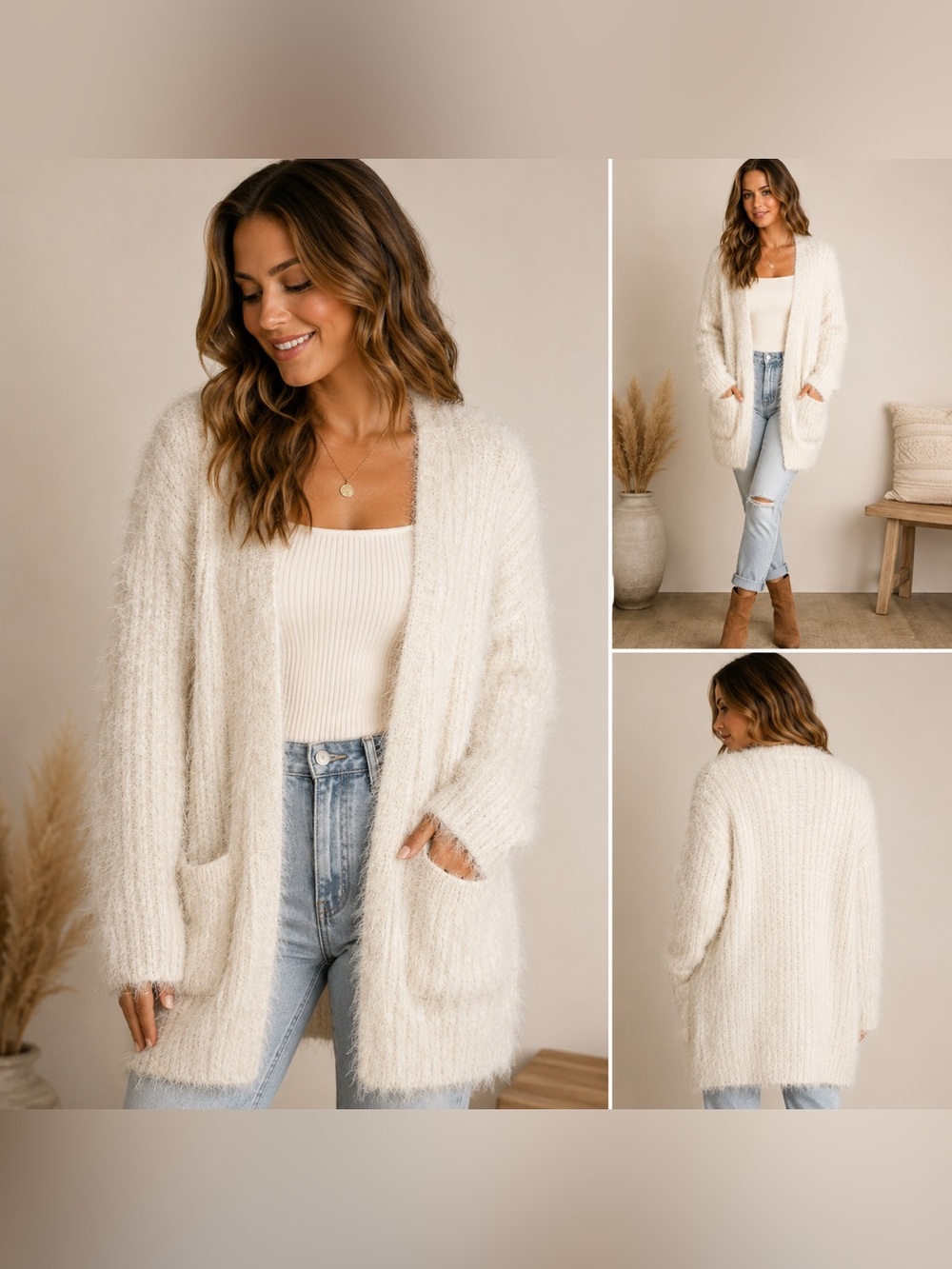 Hippie Rose Eyelash Knit Cardigan Sweater Large Ivory Open Front Cozy Pockets